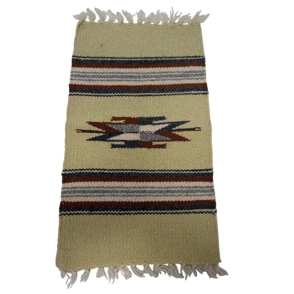 Southwestern Woven Table Runner Mat Small Rug Tapestry Beige Vintage 15" - Picture 2 of 5
